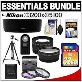 Essentials Bundle for Nikon D3200 & D5100 Digital SLR Camera and 18-55mm VR Lens with 32GB Card + 3 (UV/FLD/CPL) Filters + Hood + Tripod + 2 Lenses Set + ML-L3 Remote Kit