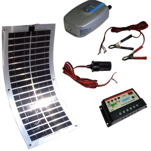 HQRP KIT (30W 12V Flexible Monocrystalline Solar Panel, 10A Solar Charge Controller / Regulator, 200W Power DC to AC Inverter, Cigarette Lighter (Female) and Red & Black Clamps) Cheap