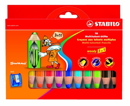 STABILO woody 3 in 1 10er Etui mit Spitzer - Multitalent-Stift (aquarellisierbarer Buntstift)