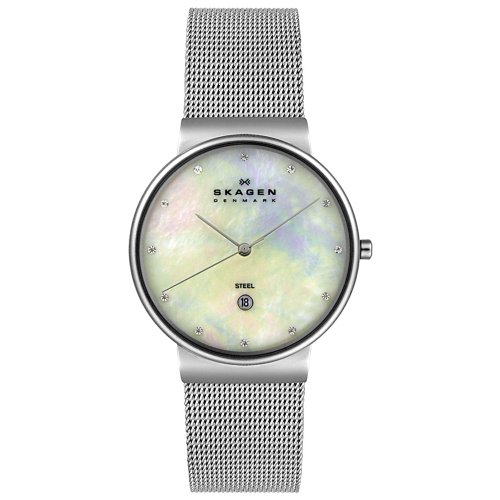 Skagen Women's 355LSS Steel Collection Crystal Accented Mesh Stainless Steel White Dial Watch