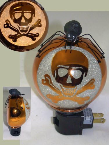 HALLOWEEN Scary SKULL & CROSSBONES Gothic Night Light with Spider NEW