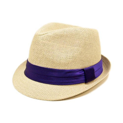 TrendsBlue Classic Natural Fedora Straw Hat, Purple Band