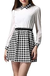 Long Sleeves Lace Houndstooth Print Chiffon Party Dress 