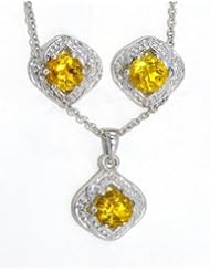 Beautiful Genuine Citrine Stud Earrings and Pendant .925 Sterling Silver Rhodium Plated White Gold Quality