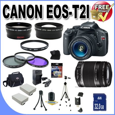 Canon EOS Rebel T2i 18 MP CMOS APS-C Digital SLR Camera with 3.0-Inch LCD and EF-S 18-55mm f/3.5-5.6 IS Lens & Canon 55-250IS Lens + 58mm 2x Telephoto lens + 58mm Wide Angle Lens (4 Lens Kit!!!!!!) W/32GB SDHC Memory+ 2 Extra Batteries + Charger + 3 Piece Filter Kit + UV Filter + Full Size Tripod + Case +Accessory Kit