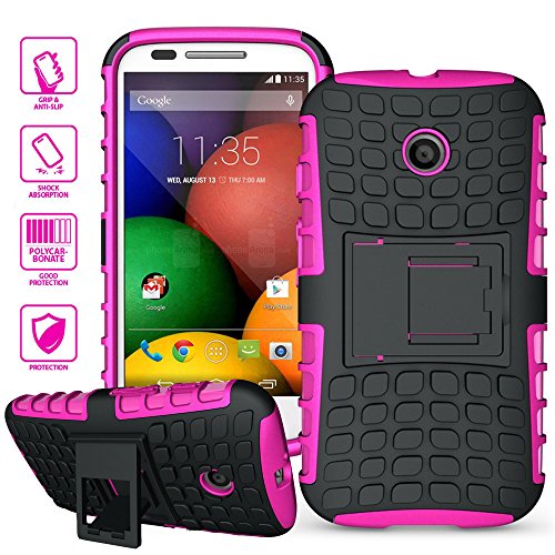 ElBolt Motorola E / Moto E 3 in 1 Bundle Armor Grenade Viewing Stand/Kickstand Hard Gel Case- Hot Pink (Free Ultra-Sensitive Stylus Pen and Premium Screen Protector by ElBolt TM)