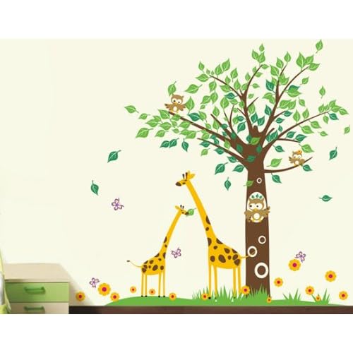 Pop Decors Removable Vinyl Art Wall Decals Mural for Nursery Room Big Tree with Cute Giraffe