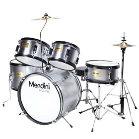 Mendini by Cecilio Complete 5-Piece 16" Silver Junior Drum Set + Cymbals, Drumsticks & Adjustable Throne MJDS-5-SR