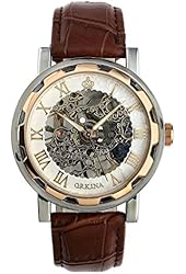 ESS Men's Man Brown Leather Stainless Silver Skeleton Semi Mechanical Mens Men Wrist Watch GIFT WM342