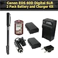Canon EOS 60D Digital SLR 2 Pack Battery Kit Includes 2 Extended Replacement LP-E6 (2600 mAH) Battery + 2 Ac/Dc Rapid Travel Battery Charger + 67" Monopod + LCD Screen Protectors