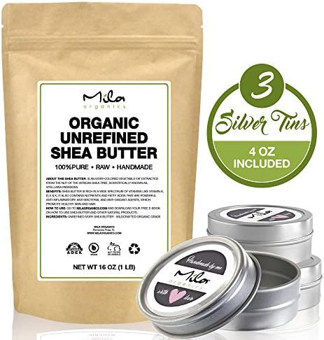 Mila Organics Unrefined Shea Butter - Organic, 100% Pure , Raw - Use Alone or in DIY Body Butters, Lotions, Soap, Eczema &amp; Stretch Marks Products, Lotion Bars, Lip Balms and More! - 1 lb (16 oz)