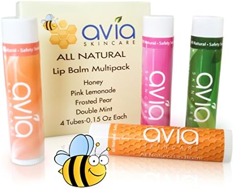 Lip Balm - 100% Natural - 4 Flavor Multi Pack - Double Mint, Pink Lemonade, Honey, Frosted Pear - Made with Beeswax and Shea Butter - Moisturizes, Soothes and Protects-Made in the USA