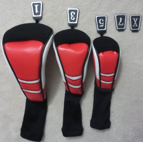 Golf Club Headcovers Set of 3 Red, White, Black Color Driver Woods Hybrid 1,3,5,7,X Tags