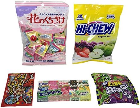 Japanese Candy Assortment of Most Popular Japanese Candies: Grape Gummy Candy, Plum Flower Kiss Candy, Hi Chew Traditional Candy, Japanese Cola Fizzy Pop Rocks, Meiji Mini Candy Pack