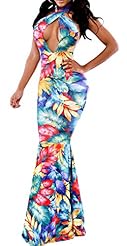 Sexy Backless Full Length Halter Polyester Spring General Print Club Dress 