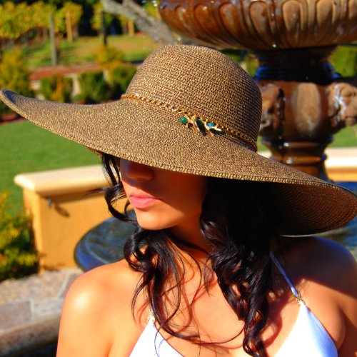 04080 Dashenka Co. Women's Beige Extra-Wide Brim Sun Hat EXUMA II -- Emeralds & 14kt finished Gold Chain