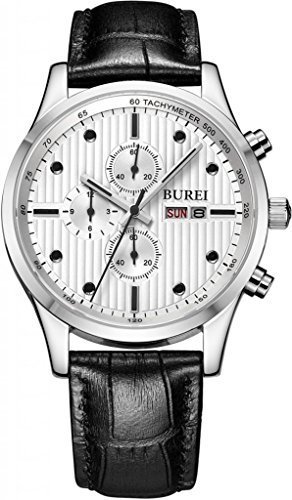 BUREI Men's BM-7001-01A Day and Date Multifunction Chronograph Leather Band Watch (Black)