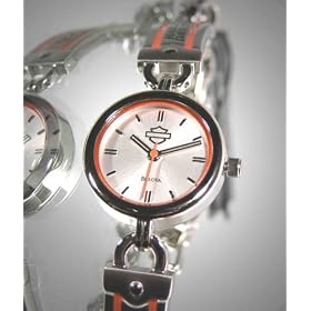 Harley-Davidson® Women's Bulova Watch. Silver-white dial with classic Harley orange trim and semi-bangle style bracklet and lobster claw buckle. 76L035