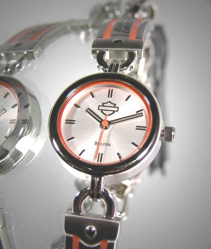 Harley Davidson Women's Bulova Watch. Silver-white dial with classic Harley orange trim and semi-bangle style bracklet and lobster claw buckle. 76L035