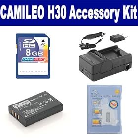 Toshiba Camileo H30 Camcorder Accessory Kit includes: SDNP120 Battery, SDM-146 Charger, ZELCKSG Care & Cleaning, KSD48GB Memory Card
