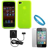 Green Premium Rubberized Protective Soft Silicone Skin Cover Case for Verizon Wireless Apple iPhone 4 4th Generation 16GB 32GB and AT&T iPhone 4 + 2 Piece Clear Screen Protector for Front and Back of Apple iPhone 4 + Apple Licensed Cellet Home Charger With Folding Blade For Apple iPhones, iPod Touch, Nano + SumacLife TM Wisdom Courage Wristband