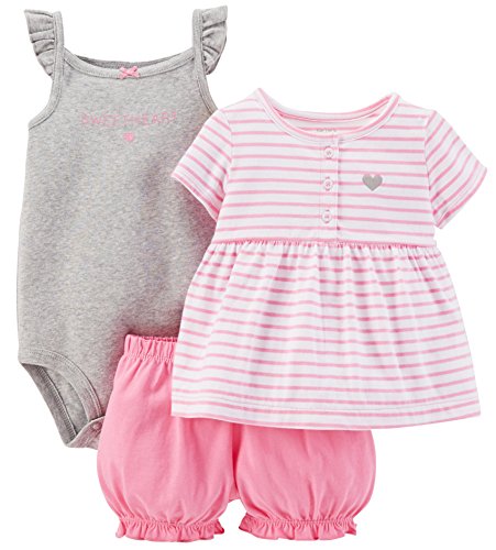 Carter's Baby Girls' 3 Piece Striped Romper Set (Baby), Pink/White, 9 Months