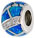 Sterling Silver, Blue Lab Opal inlay Pandora Type Barrel Charm w/ CZ stones, 3/8" (9mm)