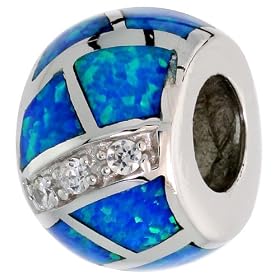 Buy Sterling Silver, Blue Lab Opal inlay Pandora Type Barrel Charm w  CZ stones, 3 8 (9mm) by Sabrina Silver