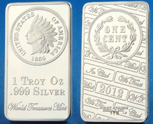 1 Troy Ounce .999 Silver Clad Ingot Incuse Indian Head Wheat Cent Penny, 1859 Novelty Bar - World Treasures Mint's Top 15 U.S. Currency Coin Designs Series