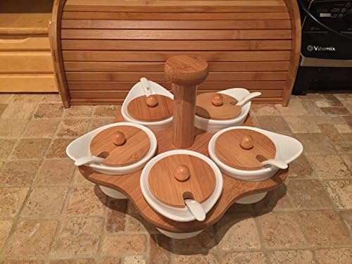Sea Salt Cove 5-Pot Contemporary Ceramic Kitchen Medium Sea Salt Canister Jar Set with Lazy Susan Spinning Rack, Real Bamboo Lids, and 5 Ceramic Seasoning Spoons (Model 312)