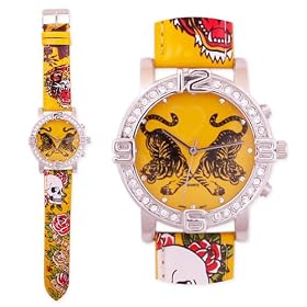 Designer Style Tatto Watch Wide Strap Tigers Skulls Roses ~Choice of Colors~