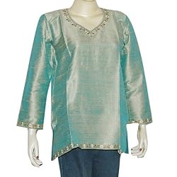 Women's Green Tunic Top Kurti Clothes in India Embroidery Size S