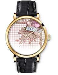 SPRAWL Aanalog Fashion Series Gold Ladies Watches of Genuine Black Leather Strap,Unique Wrist Watch for Women Girls Designed with I love her