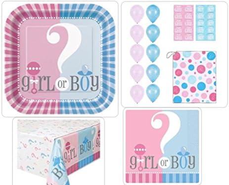 Baby Shower Gender Reveal Party Supplies Pack Including Plates, Napkins, Table Cover and Decoration Kit for 15 Guests