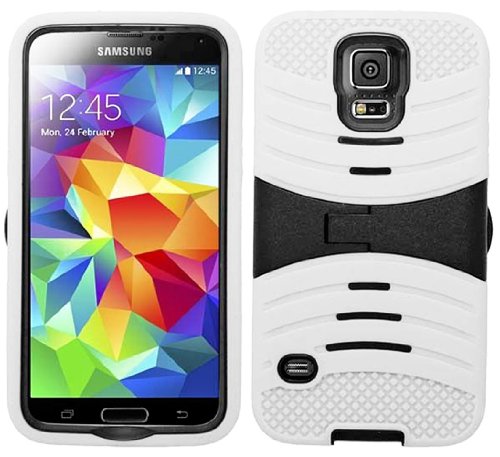 myLife Ghost Armor White and Black - Shockproof Survivor Series (Built In Kickstand + Easy Grip Ridges) 2 Piece + 2 Layer Case for NEW Galaxy S5 (5G) Smartphone by Samsung (Internal Flex Silicone Bumper Gel + Internal 2 Piece Rubberized Fitted Armor Protector + Shock Absorbing Material)