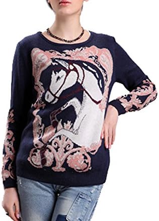 Hellofashion Women's Stylish Round Neck Horse Print Knitted Pullover Sweater Blue One Size