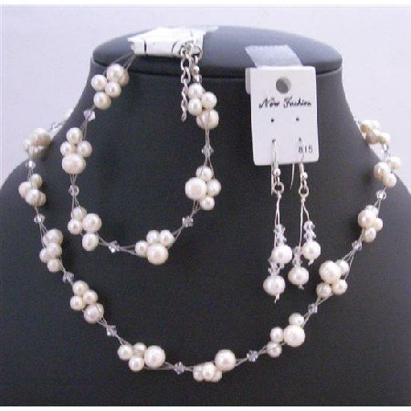BRD823 Freshwater Pearls Clear Crystals Bridal Bridemaids Swarovski Jewelry w/ Gift Box