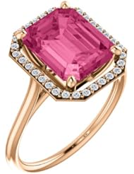 10K Rose Gold 10.00x8.00mm Emerald Cut Pink Tourmaline and Diamond Halo-Style Ring -- LIFETIME WARRANTY