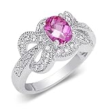 Glamourous Oval Shape Checker Board Created Pink Sapphire & White CZ Size 6 Gemstone Ring in Sterling Silver