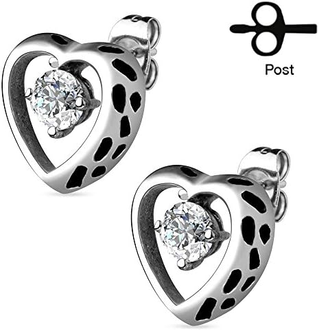 316L Surgical Stainless Steel Pair of Hollow Heart with Centered Clear Cz Stud Earring, Friction Back Post, Earring Dimensions of 13.68MMx13.26MM