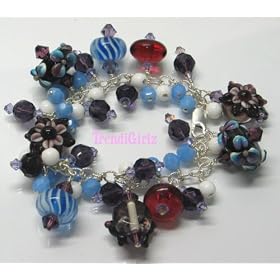 ONE OF A KIND LAMPWORK BEADS SWAROVSKI CRYSTALS STERLING SILVER BRACELET (Caribbean Nights)