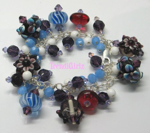 Click here to buy ONE OF A KIND LAMPWORK BEADS SWAROVSKI CRYSTALS STERLING SILVER BRACELET (Caribbean Nights).