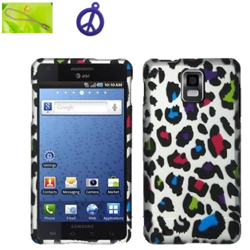 Neon Rainbow Color Leopard on Silver Background, Rubberized Coated Surface Hard Plastic Case Skin Cover Faceplate for for Samsung Infuse 4G i997 + Peace Charm and Strap Combo (B-CLP)