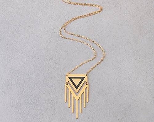 Gold necklace. Unique waterfall pendant necklace. Delicate, geometric laser cut pendant. LARGE gold and black PENDANT on a 66 cm long chain necklace.