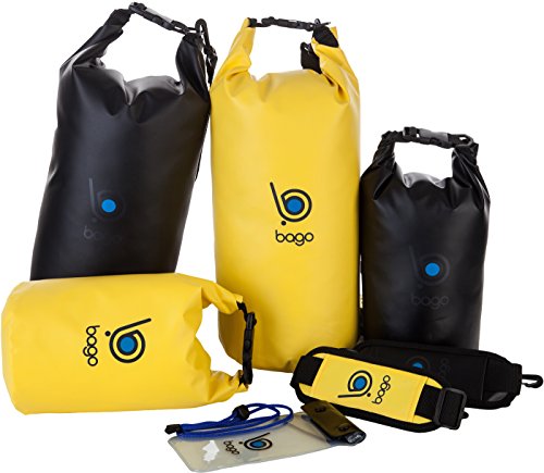 Bago Dry Bags - SEE-THROUGH Window Waterproof. Plus Phone Dry Bag, Adjustable Shoulder Strap. Fits in your Backpack Duffle Sack. Lightweight & Heavy Duty (10L 5L B/Y)