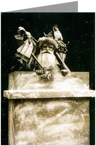 Victorian Santa illustrated in Black and White in a Chimney-Vintage Christmas Holiday Greeting Boxed Card Set