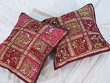 2 MAROON DESIGNER TAPESTRY SARI THROW PILLOWS CUSHIONS