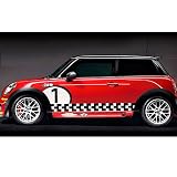 Mini Cooper Checkered Flag Side Stripes with Roundel and Custom Number Decals by FireStorm