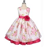 Floral Tafetta Dress with Pink Fuchsia Accents and Flower (Size 2T - 12)