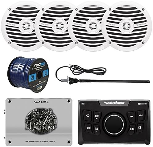 Rockford Fosgate PMX-0 Compact Bluetooth Marine Digital Media Receiver Bundle Combo With 4x RM0652 6.5" Inch Audio Speakers + Lanzar 1800 Watt Amplifier + Enrock Radio Antenna + 50Ft Wire (White)